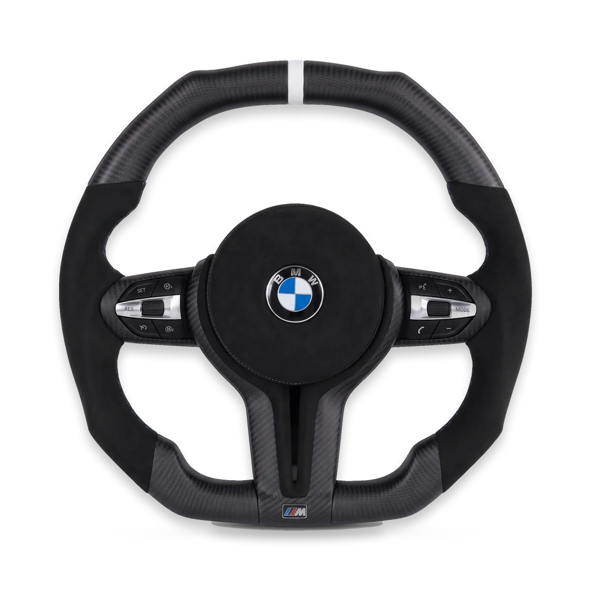 Kierownica carbon mat z alcantarą, biały pas – BMW serii F (F30/F32/F80/F82)