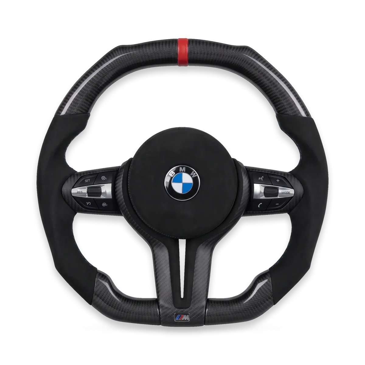Kierownica carbon mat z alcantarą, czerwony pas – BMW serii F (F30/F32/F80/F82)