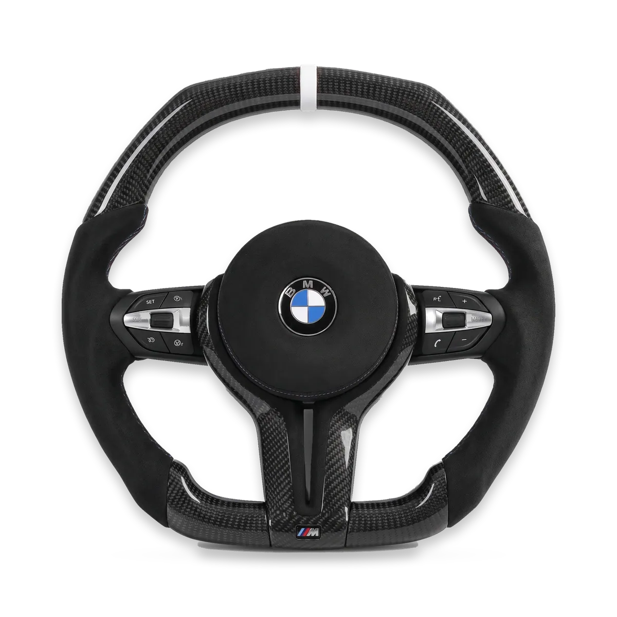 Kierownica carbon połysk z alcantarą, biały pas – BMW serii F (F30/F32/F80/F82)