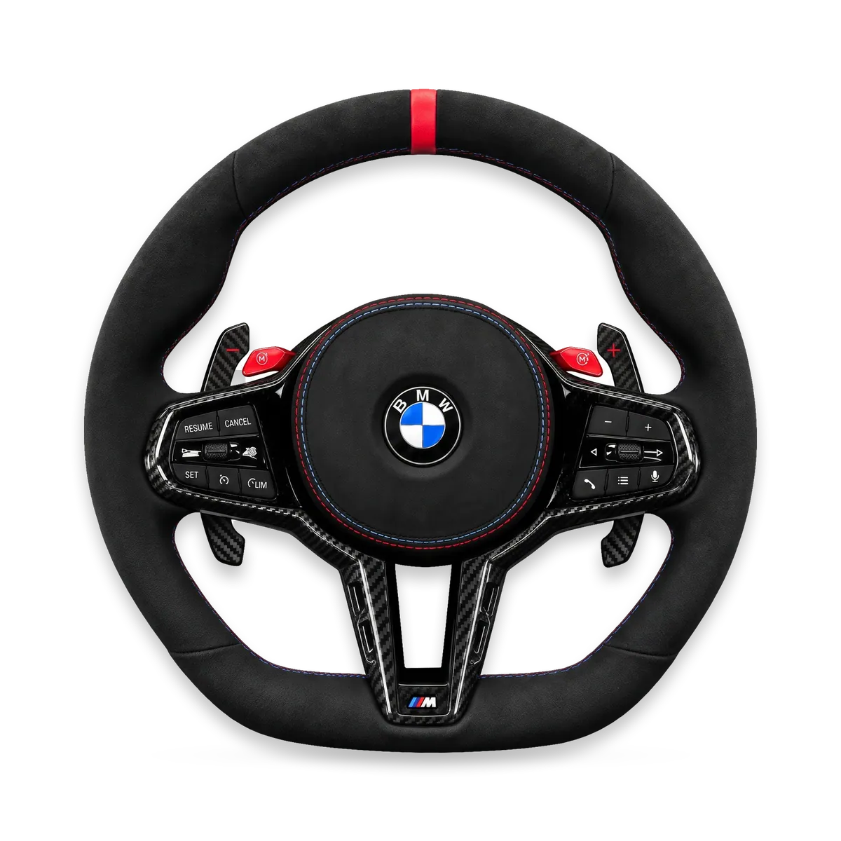 Kierownica LCI z alcantary, wersja Round, czerwony skórzany pas – BMW G/F (G80/G82/G87 i inne)