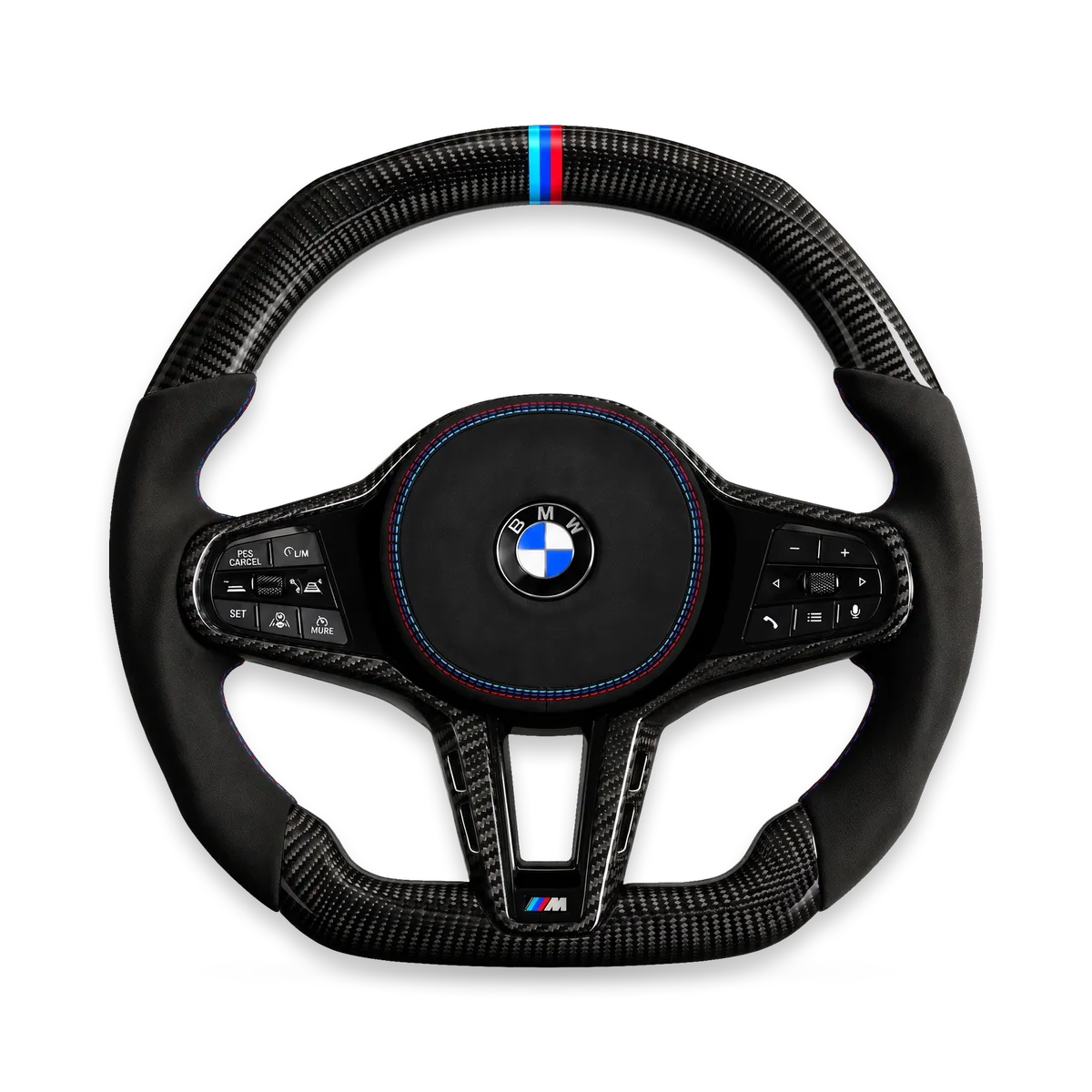 Kierownica LCI carbon z alcantarą, trójkolorowy pas M – BMW G/F (G80/G82/G87 i inne)