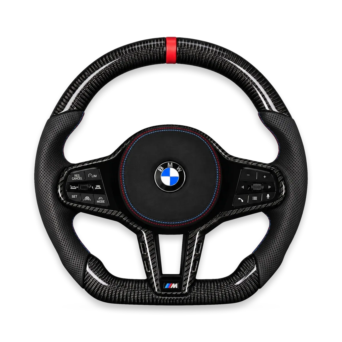 Kierownica LCI carbon połysk ze skórą perforowaną, czerwony pas – BMW G/F (G80/G82/G87 i inne)