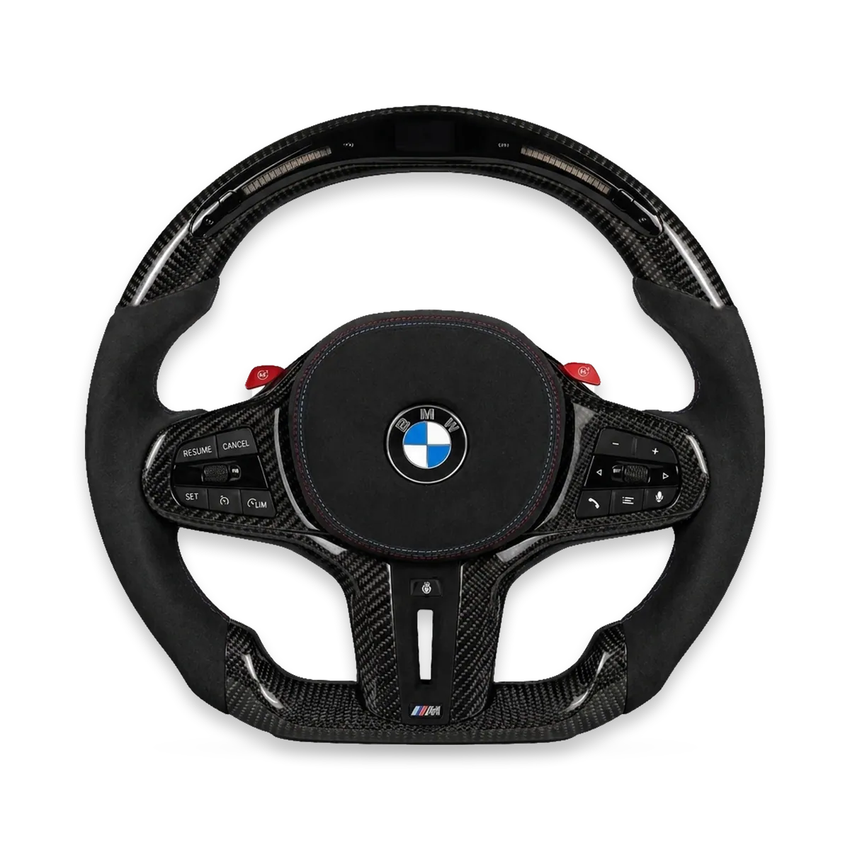 Kierownica czarno-czerwona z wyświetlaczem LED, carbon połysk z alcantarą – BMW G/F (G80/G82/G87 i inne)